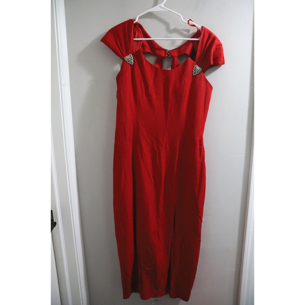 Vintage Traces Red Sheath Gown Rhinestone Accents Cutout Back Maxi Dress Size 12